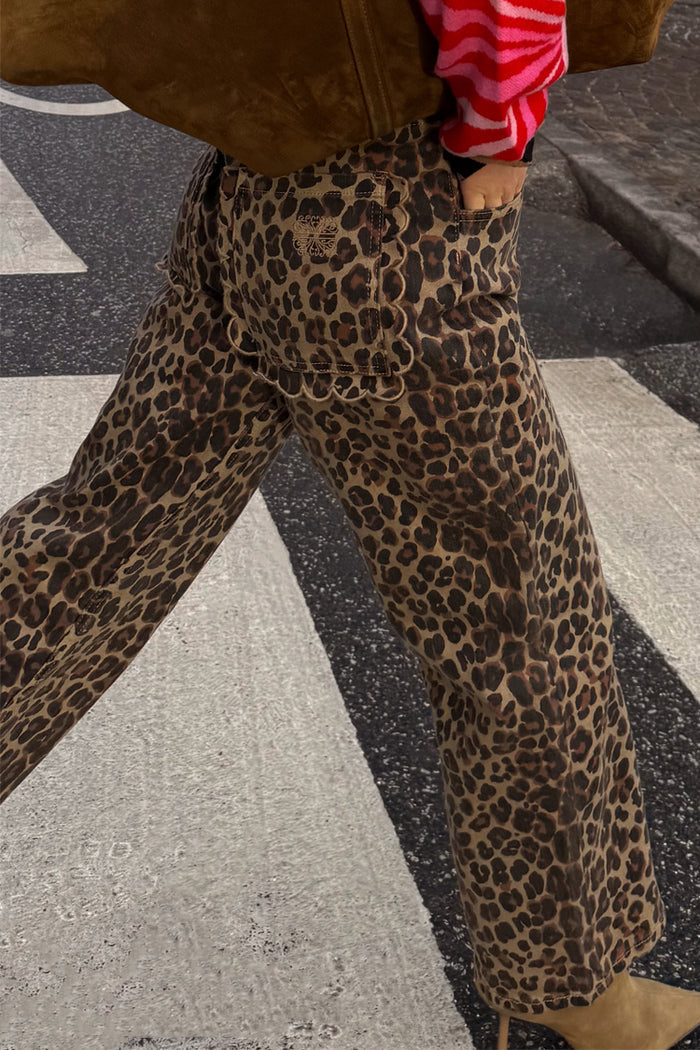Leopard Lucia Scallop Detail Jeans with scalloped back pockets and wide leg, styled for a London look.
