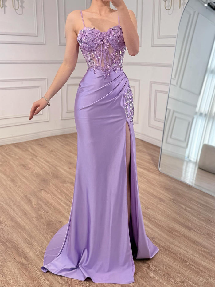 Lilac Satin Mermaid Prom Dress with Beaded and High Split LA73569