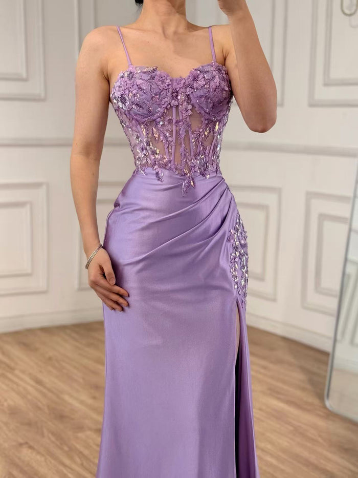 Lilac Satin Mermaid Prom Dress with Beaded and High Split LA73569
