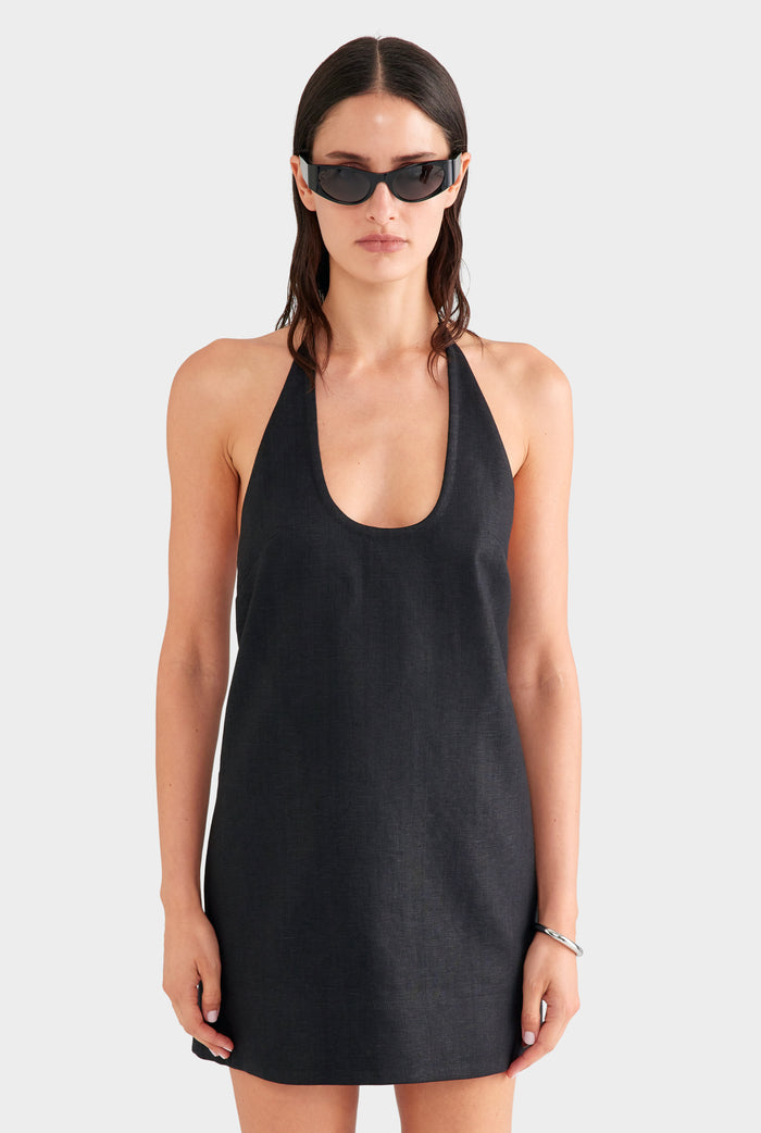 Linen Halter Mini Dress - Black