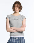 LITTLE BABY TEE HEATHER GREY - heather grey graphic baby tee, front view on female model - Cold Culture #woman