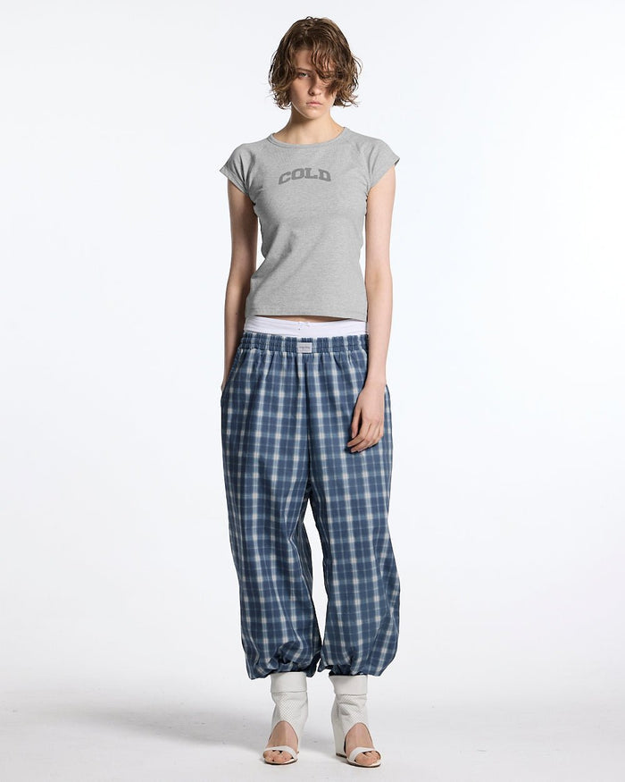 LITTLE BABY TEE HEATHER GREY - heather grey graphic baby tee, front view on female model - Cold Culture