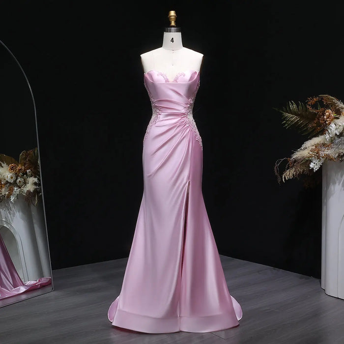 Long Mermaid Sexy Backless Pink Satin Prom Dress SH630 Sheer Fairy