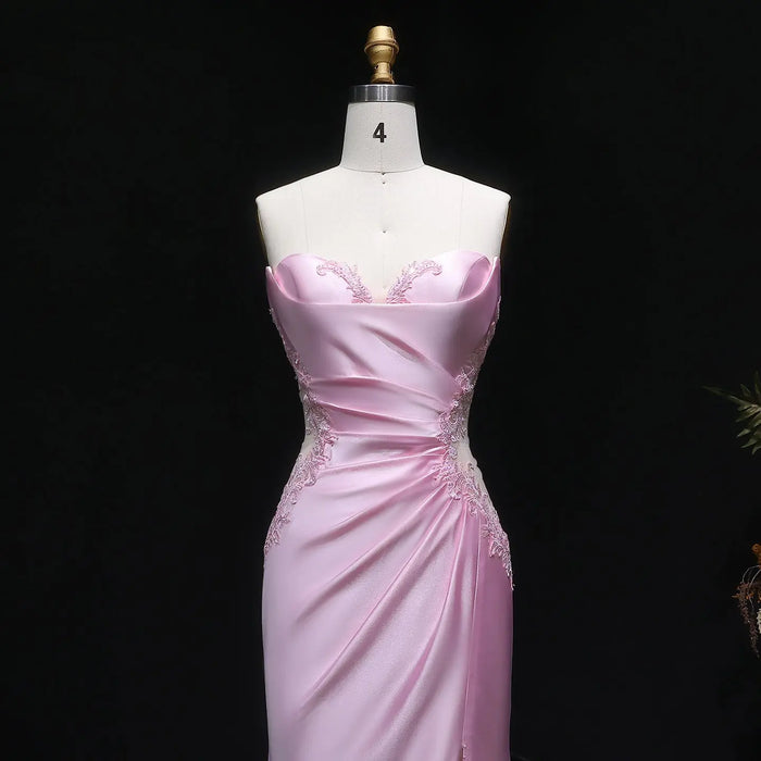 Long Mermaid Sexy Backless Pink Satin Prom Dress SH630 Sheer Fairy