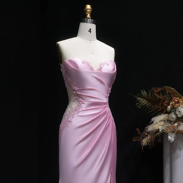 Long Mermaid Sexy Backless Pink Satin Prom Dress SH630 Sheer Fairy