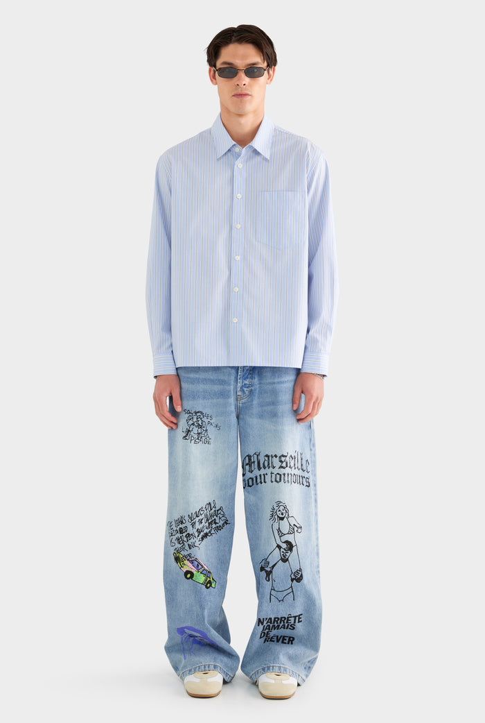Long Sleeve Relaxed Cotton Poplin Shirt - Blue/White/Navy Stripe - XS