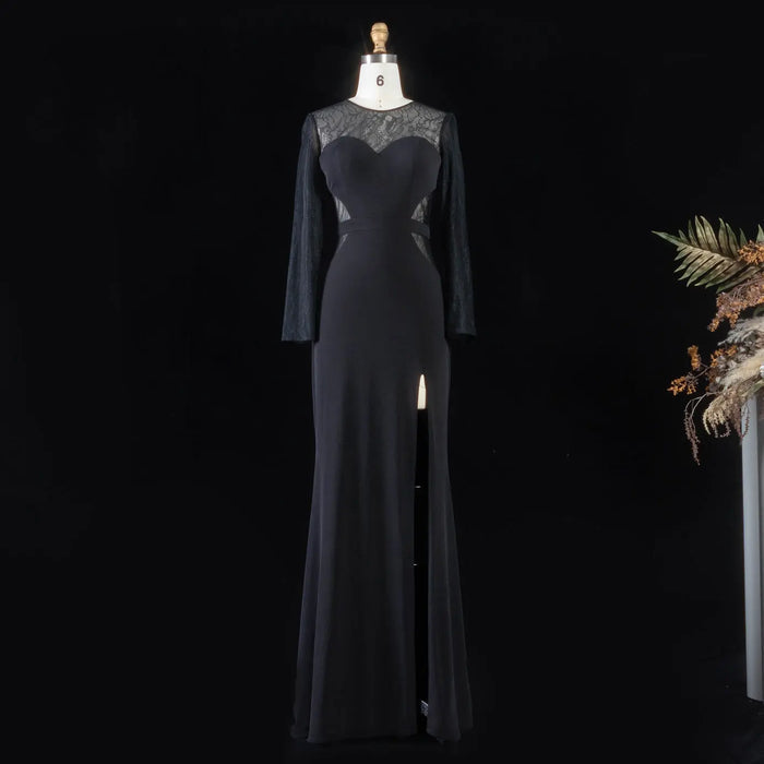Long Sleeve Sexy Mermaid Sheer Lace Black Prom Dress with Split Side SH096 Sheer Fairy
