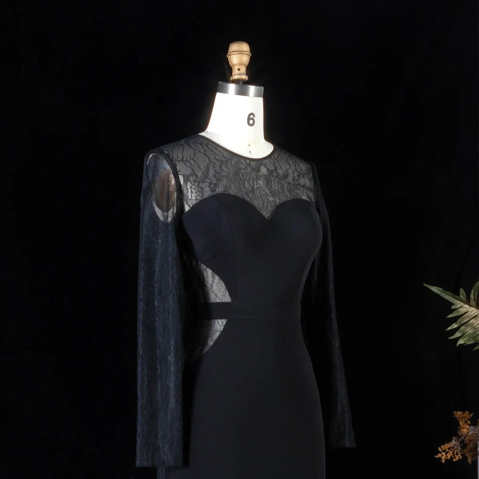 Long Sleeve Sexy Mermaid Sheer Lace Black Prom Dress with Split Side SH096 Sheer Fairy