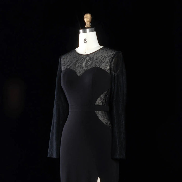 Long Sleeve Sexy Mermaid Sheer Lace Black Prom Dress with Split Side SH096 Sheer Fairy