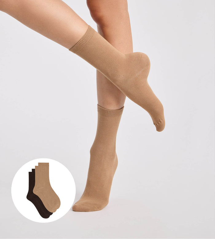 Lot de 2 chaussettes femme coton chocolat, taupe Thermo