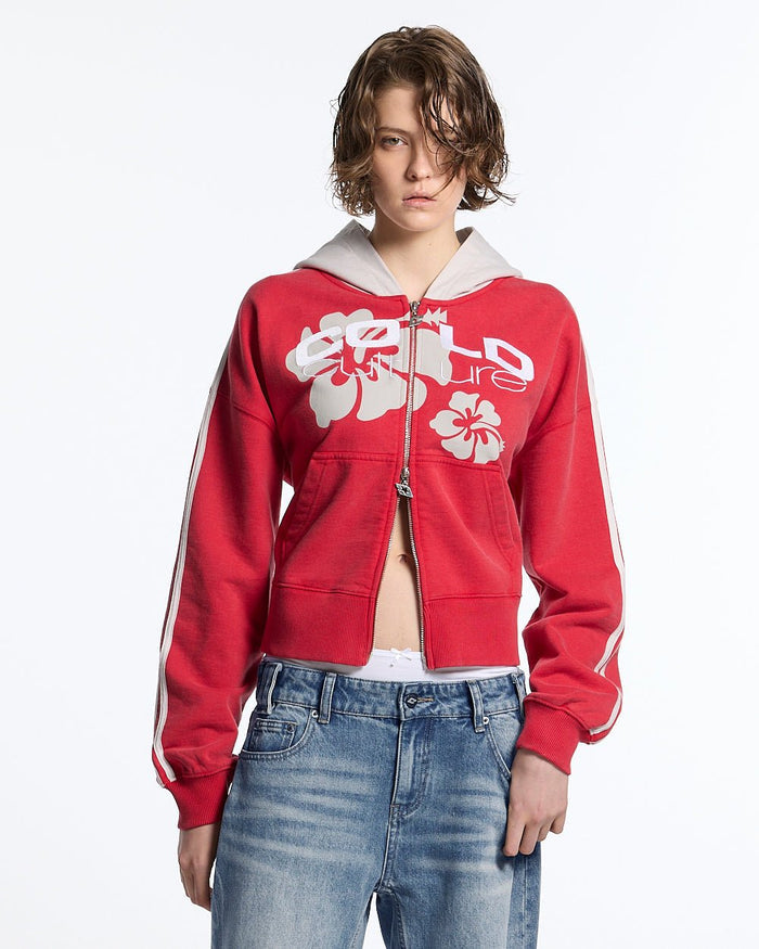LUSH ZIP HOODIE RED - red cropped zip-up hoodie, front view on female model - Cold Culture #woman