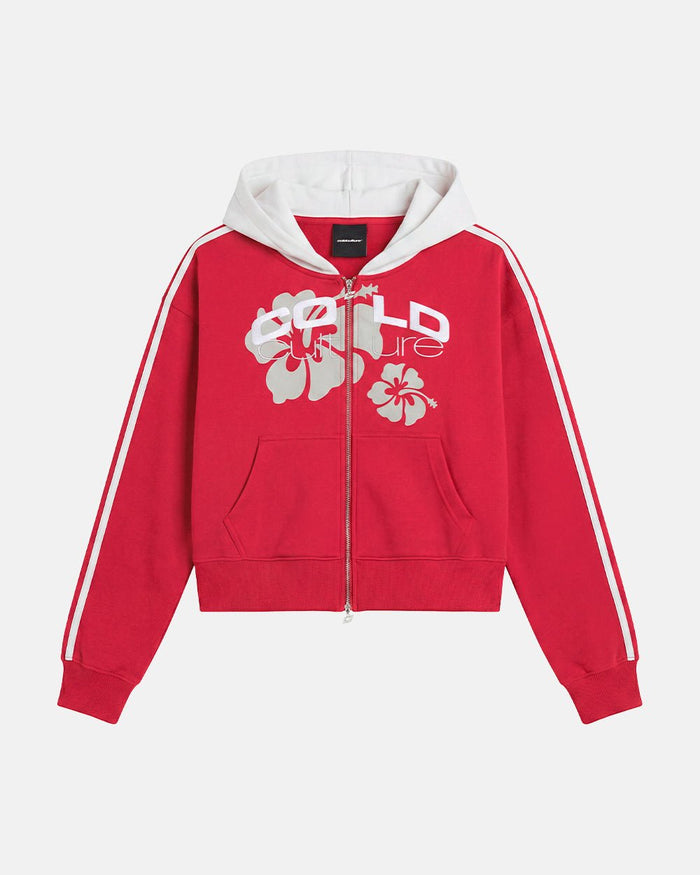 LUSH ZIP HOODIE RED - red cropped zip-up hoodie, front view - Cold Culture
