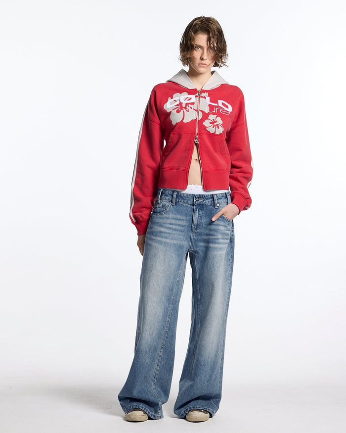 LUSH ZIP HOODIE RED - red cropped zip-up hoodie, front view on female model - Cold Culture