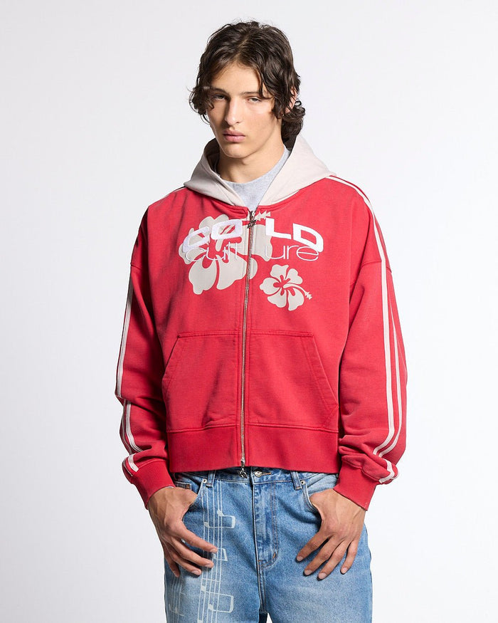 LUSH ZIP HOODIE RED - red cropped zip-up hoodie, front view on male model - Cold Culture