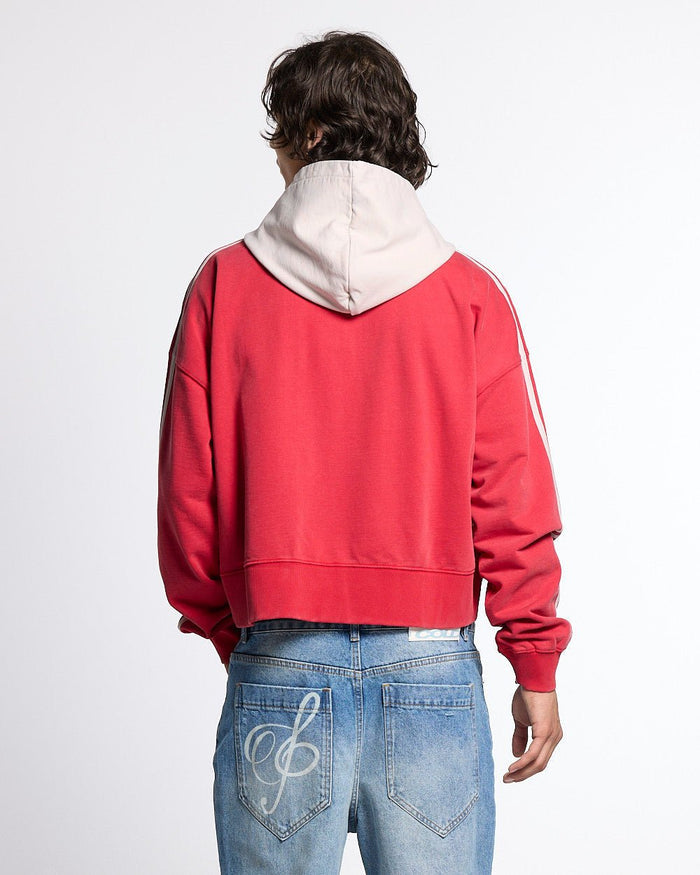 LUSH ZIP HOODIE RED - red cropped zip-up hoodie, back view on male model - Cold Culture