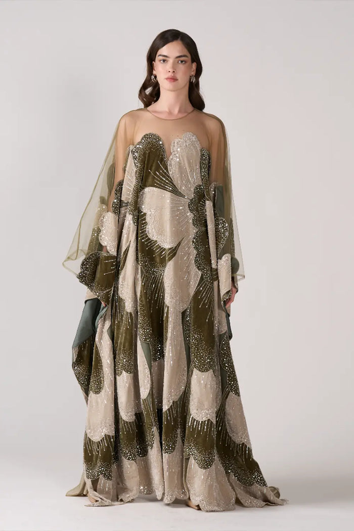 Luxurious Olive Green Velvet Beaded Kaftan Dress Sequined Petal Pattern Evening Abaya Maxi Gown SS669 Sheer Fairy