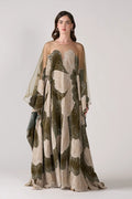 Luxurious Olive Green Velvet Beaded Kaftan Dress Sequined Petal Pattern Evening Abaya Maxi Gown SS669 Sheer Fairy