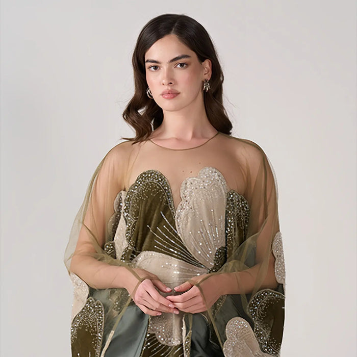 Luxurious Olive Green Velvet Beaded Kaftan Dress Sequined Petal Pattern Evening Abaya Maxi Gown SS669 Sheer Fairy