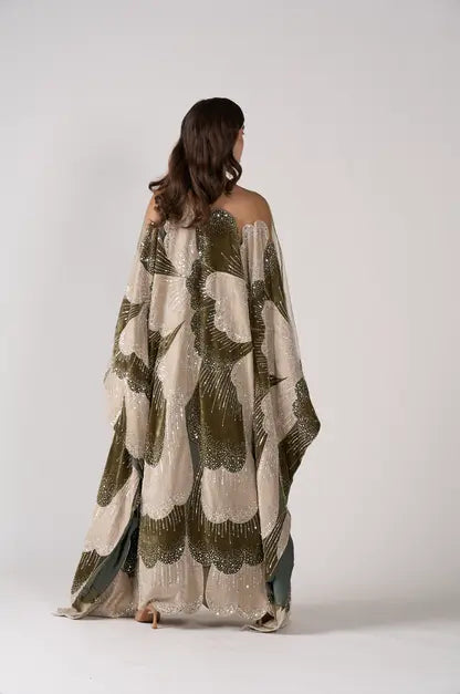 Luxurious Olive Green Velvet Beaded Kaftan Dress Sequined Petal Pattern Evening Abaya Maxi Gown SS669 Sheer Fairy