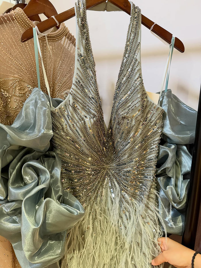 Luxury Beige Beaded Feather Mermaid Evening Dress with Slit LA70623B SERENE HILL