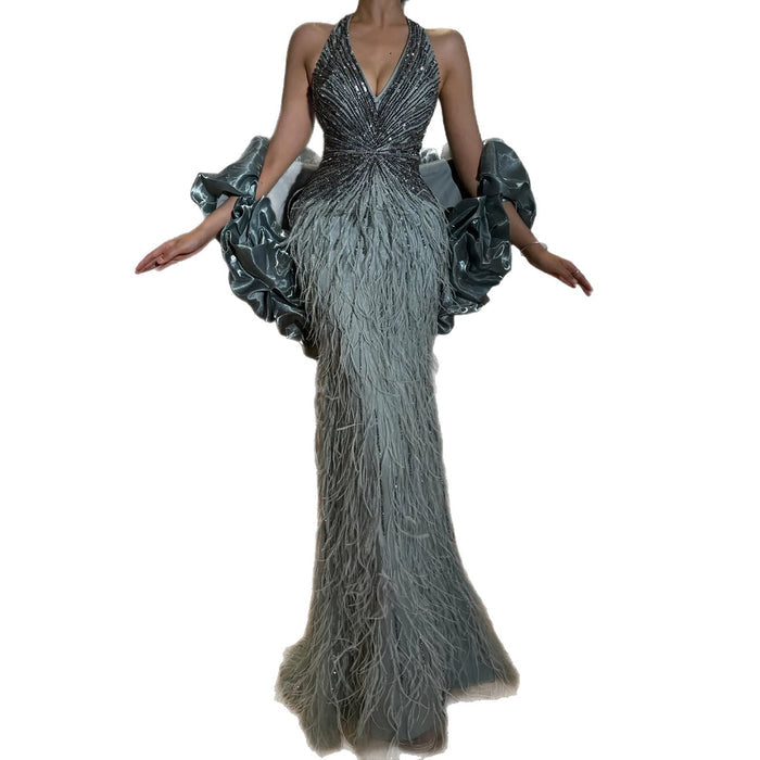 Luxury Beige Beaded Feather Mermaid Evening Dress with Slit LA70623B SERENE HILL