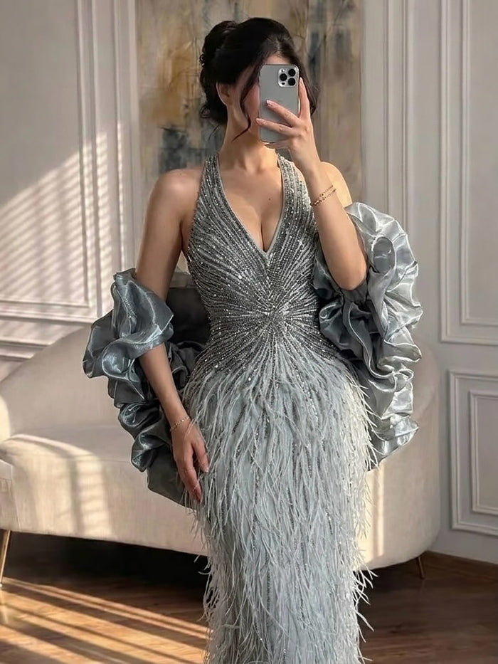 Luxury Beige Beaded Feather Mermaid Evening Dress with Slit LA70623B SERENE HILL