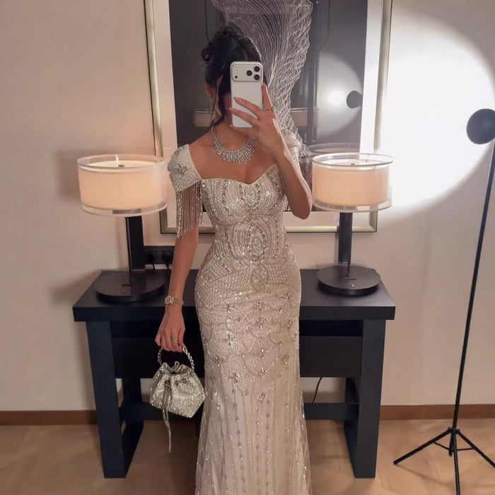 Luxury Beige Crystal Beaded Mermaid Evening Dress Tassel Sleeve LA73694
