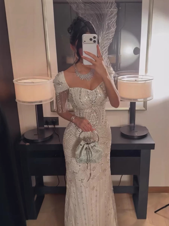 Luxury Beige Crystal Beaded Mermaid Evening Dress Tassel Sleeve LA73694