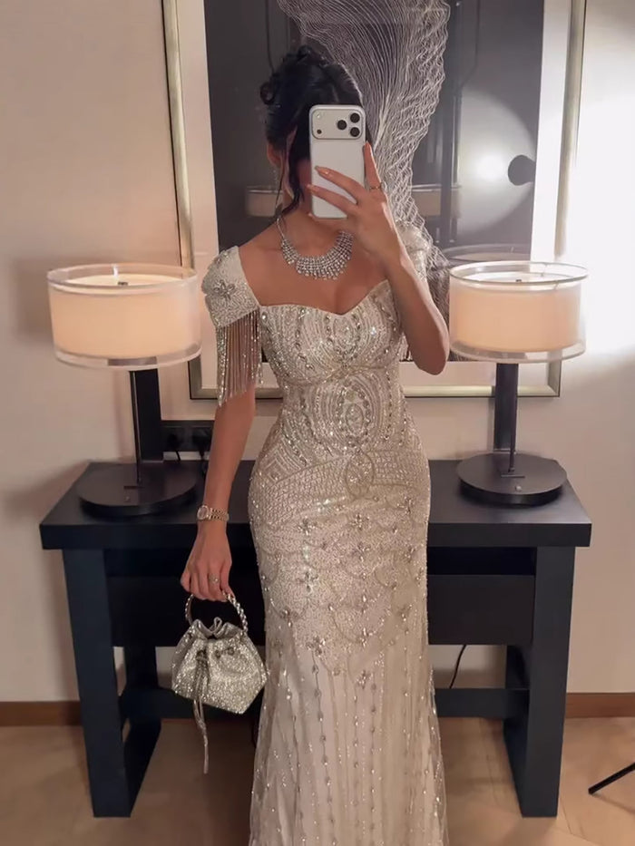 Luxury Beige Crystal Beaded Mermaid Evening Dress Tassel Sleeve LA73694