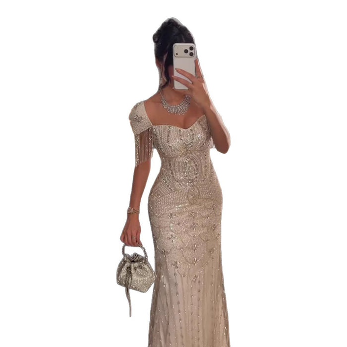 Luxury Beige Crystal Beaded Mermaid Evening Dress Tassel Sleeve LA73694