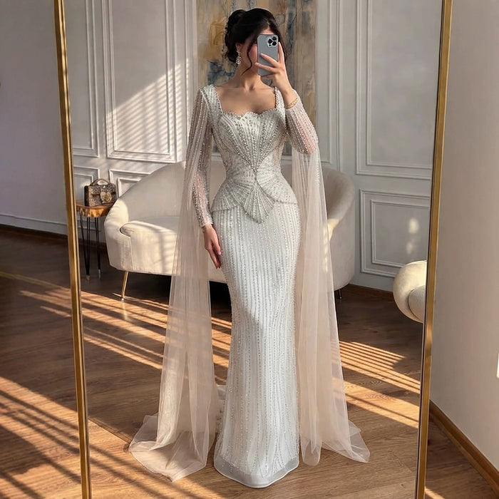 Luxury White Crystal Beaded Mermaid Gown with Split Cape Sleeves LA7333B SERENE HILL