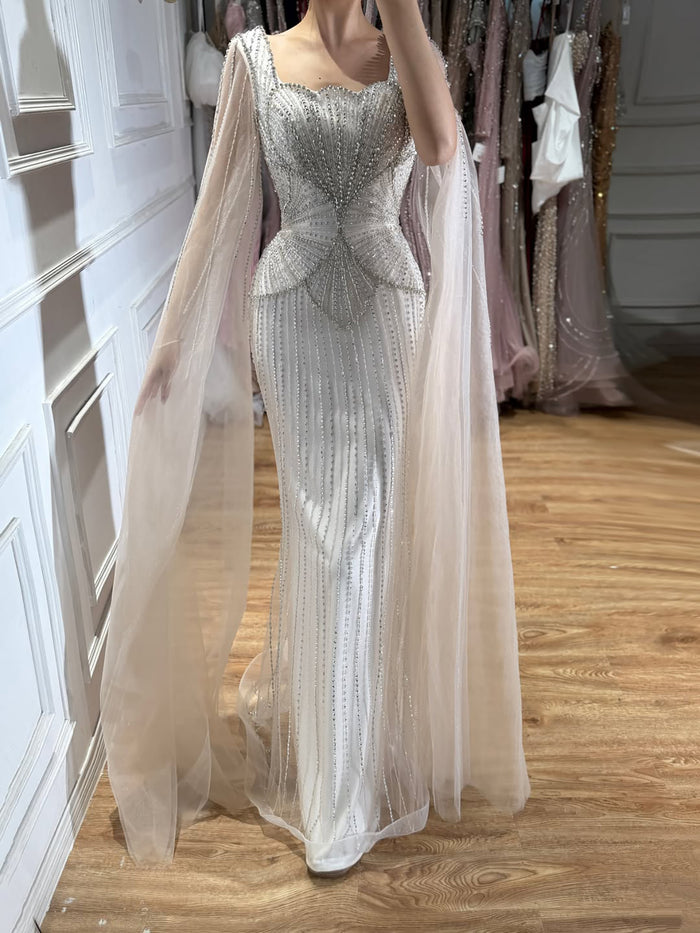 Luxury White Crystal Beaded Mermaid Gown with Split Cape Sleeves LA7333B SERENE HILL