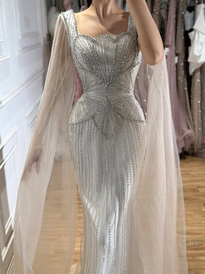 Luxury White Crystal Beaded Mermaid Gown with Split Cape Sleeves LA7333B SERENE HILL
