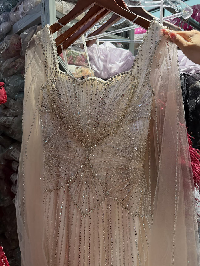 Luxury White Crystal Beaded Mermaid Gown with Split Cape Sleeves LA7333B SERENE HILL