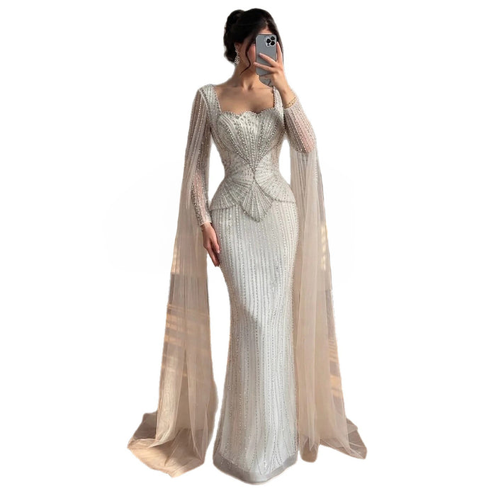 Luxury White Crystal Beaded Mermaid Gown with Split Cape Sleeves LA7333B SERENE HILL