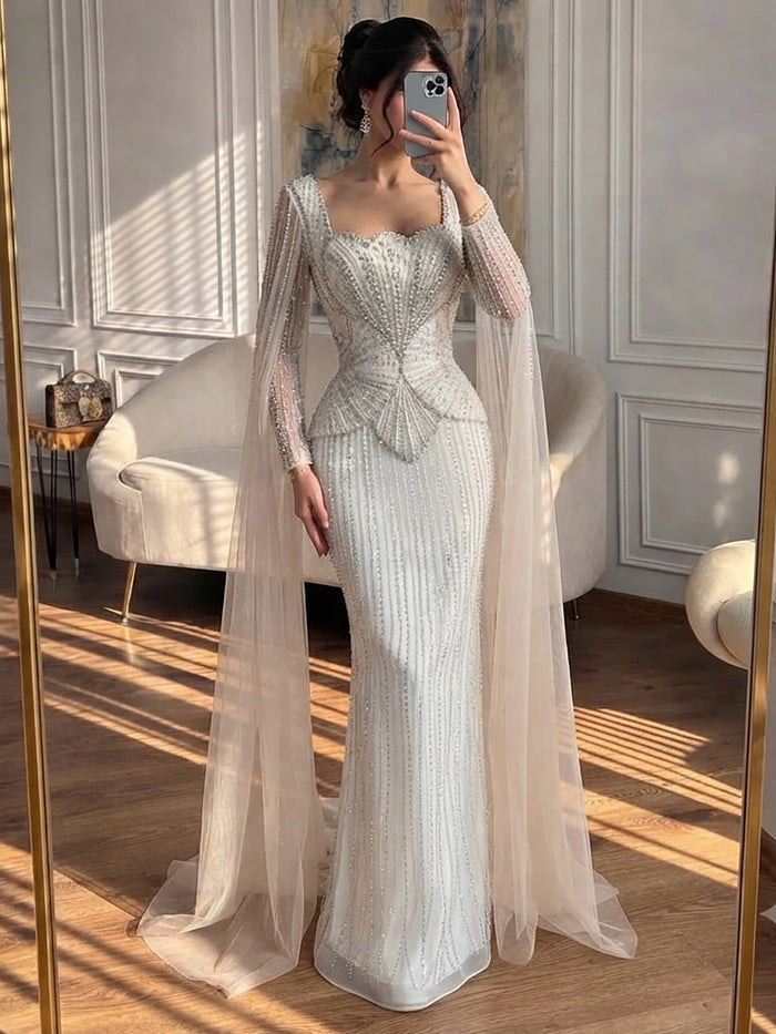 Luxury White Crystal Beaded Mermaid Gown with Split Cape Sleeves LA7333B SERENE HILL