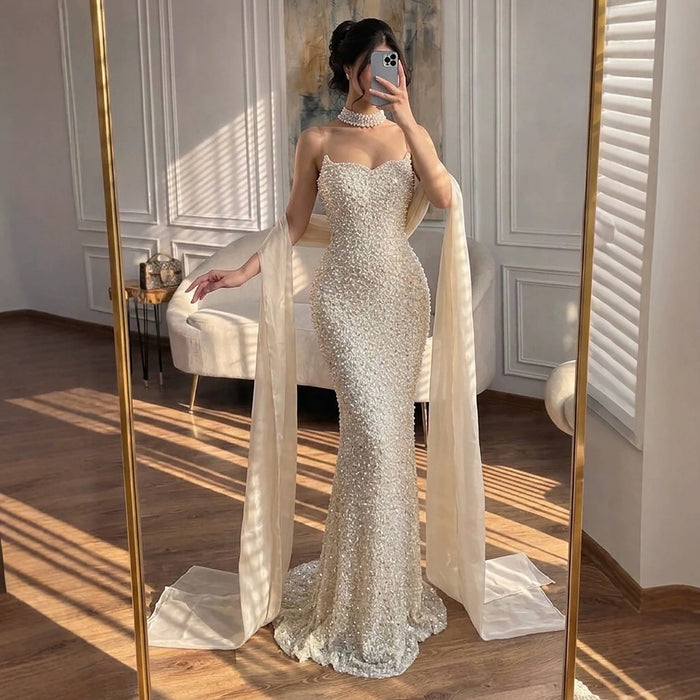 Luxury Beige Pearl Beaded Spaghetti Strap Mermaid Dress LA73225A SERENE HILL