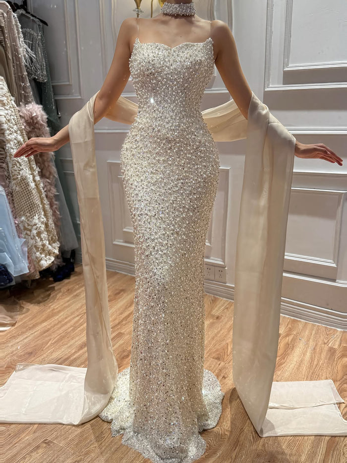 Luxury Beige Pearl Beaded Spaghetti Strap Mermaid Dress LA73225A SERENE HILL