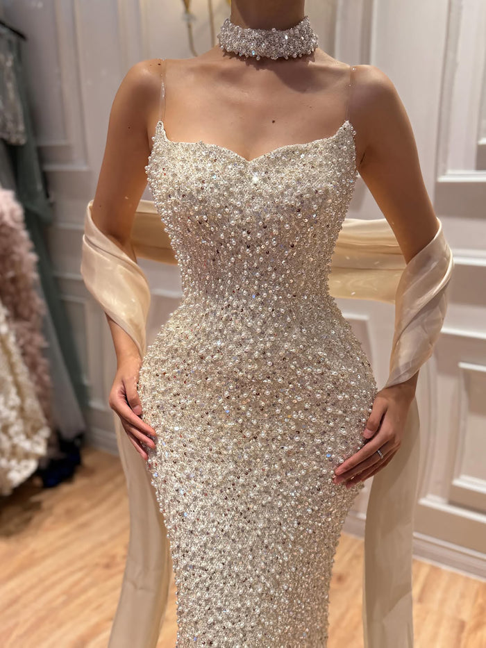 Luxury Beige Pearl Beaded Spaghetti Strap Mermaid Dress LA73225A SERENE HILL