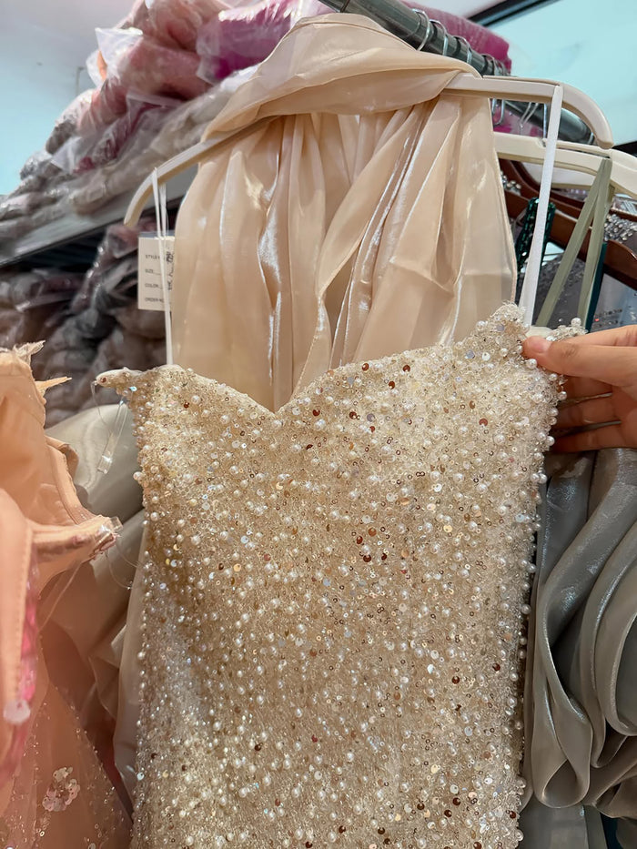 Luxury Beige Pearl Beaded Spaghetti Strap Mermaid Dress LA73225A SERENE HILL