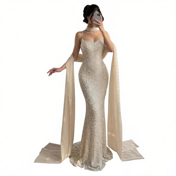 Luxury Beige Pearl Beaded Spaghetti Strap Mermaid Dress LA73225A SERENE HILL