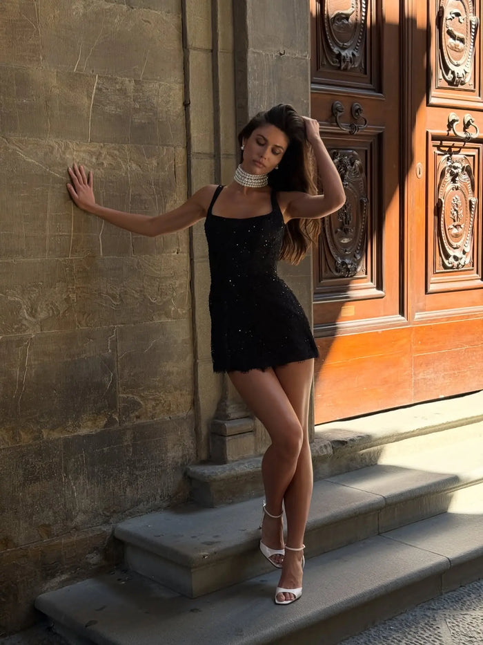 Luxury Black All Over Sequin Lace Thin Strap Mini Homecoming Dress RM229 Sheer Fairy