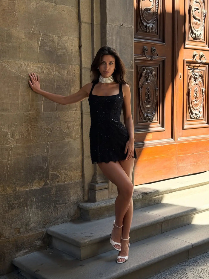 Luxury Black All Over Sequin Lace Thin Strap Mini Homecoming Dress RM229 Sheer Fairy