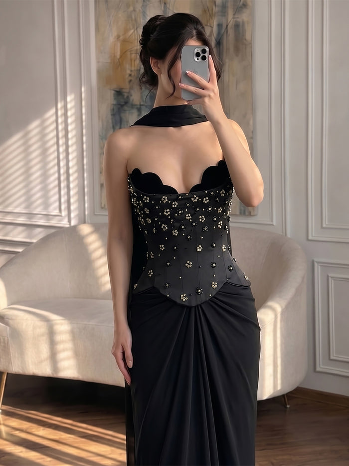 Luxury Black Chiffon Beaded Strapless A Line Evening Dress LA73728A SERENE HILL