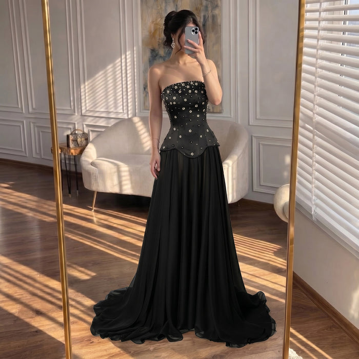 Luxury Black Chiffon Floral Beaded Strapless A Line Gown LA73728 SERENE HILL