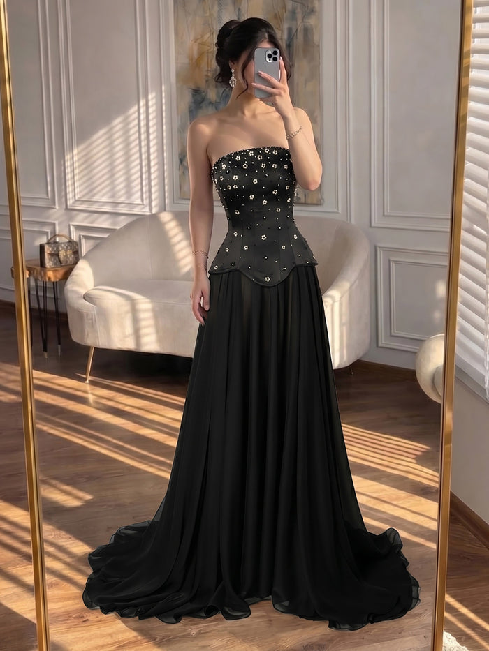 Luxury Black Chiffon Floral Beaded Strapless A Line Gown LA73728 SERENE HILL