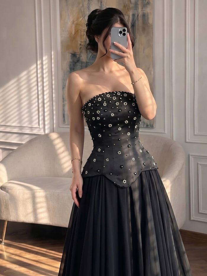 Luxury Black Chiffon Floral Beaded Strapless A Line Gown LA73728 SERENE HILL