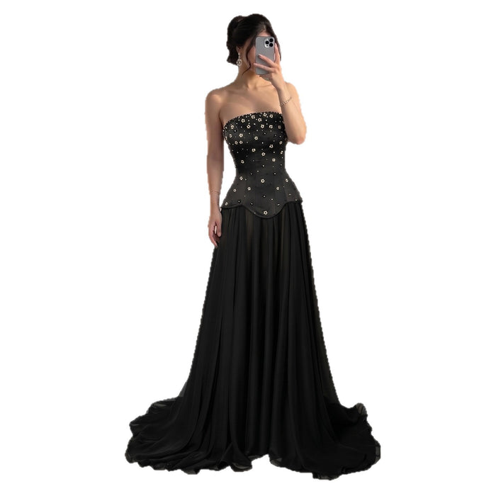 Luxury Black Chiffon Floral Beaded Strapless A Line Gown LA73728 SERENE HILL