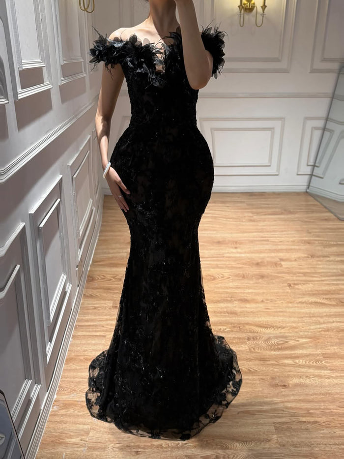 Luxury Black Floral Feather Beaded Mermaid Off Shoulder Evening Dress LA73708