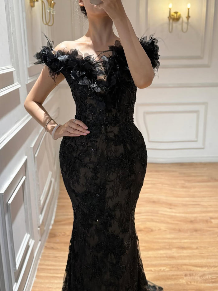 Luxury Black Floral Feather Beaded Mermaid Off Shoulder Evening Dress LA73708